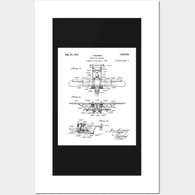 Seaplane Patent - Biwing Seaplane Art - Black And White Wall Art by patentpress